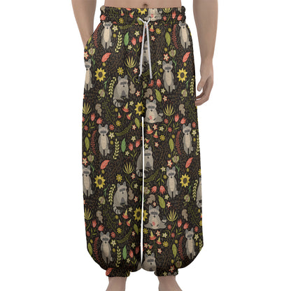 Raccoon And Floral Pattern Print Lantern Pants