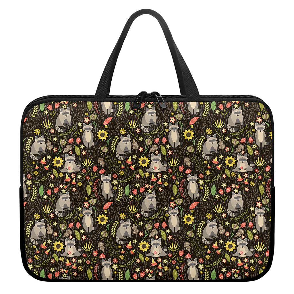 Raccoon And Floral Pattern Print Laptop Sleeve With Handle