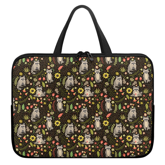 Raccoon And Floral Pattern Print Laptop Sleeve With Handle