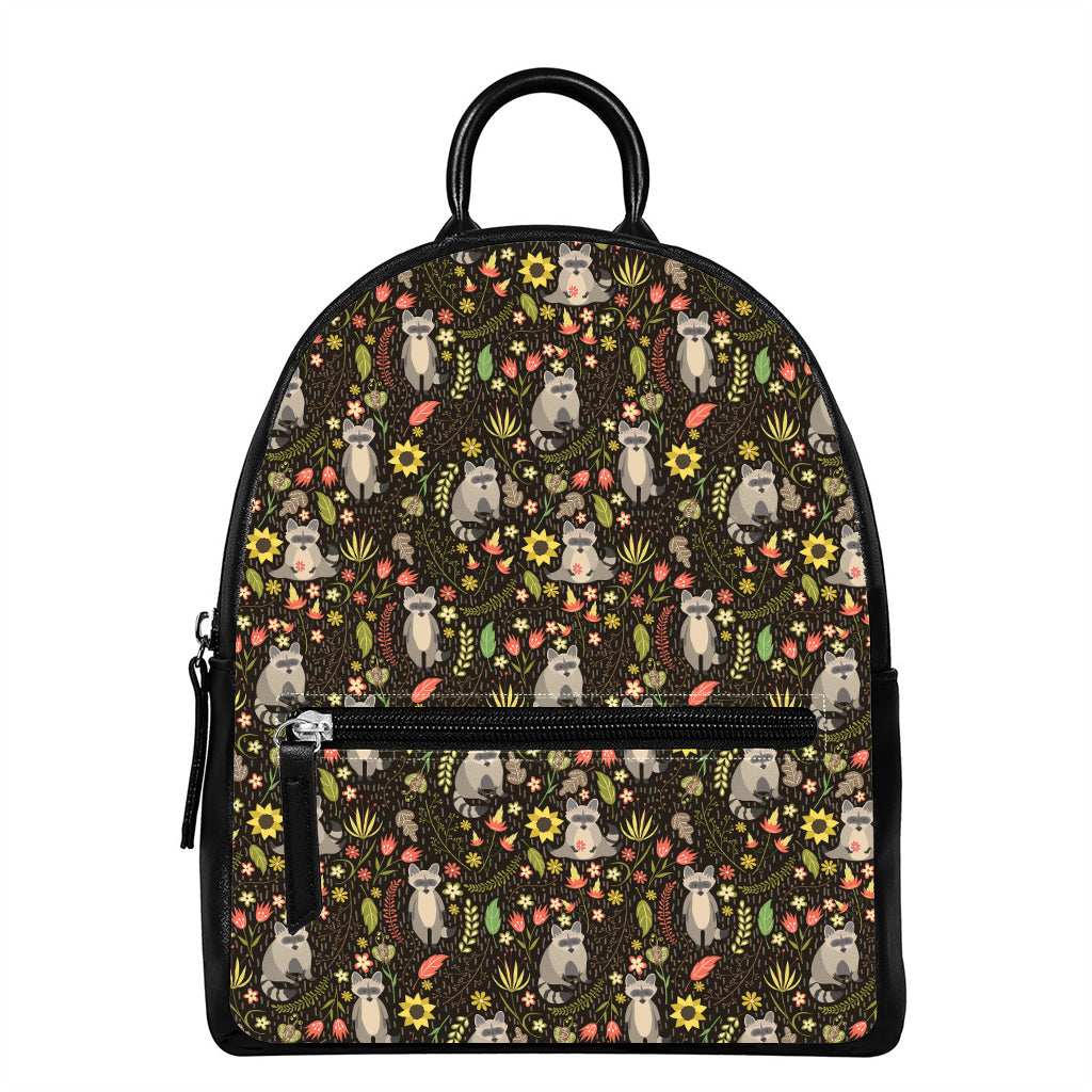 Raccoon And Floral Pattern Print Leather Backpack