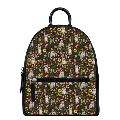 Raccoon And Floral Pattern Print Leather Backpack