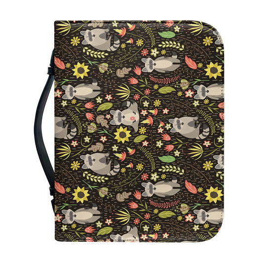 Raccoon And Floral Pattern Print Leather Bible Cover