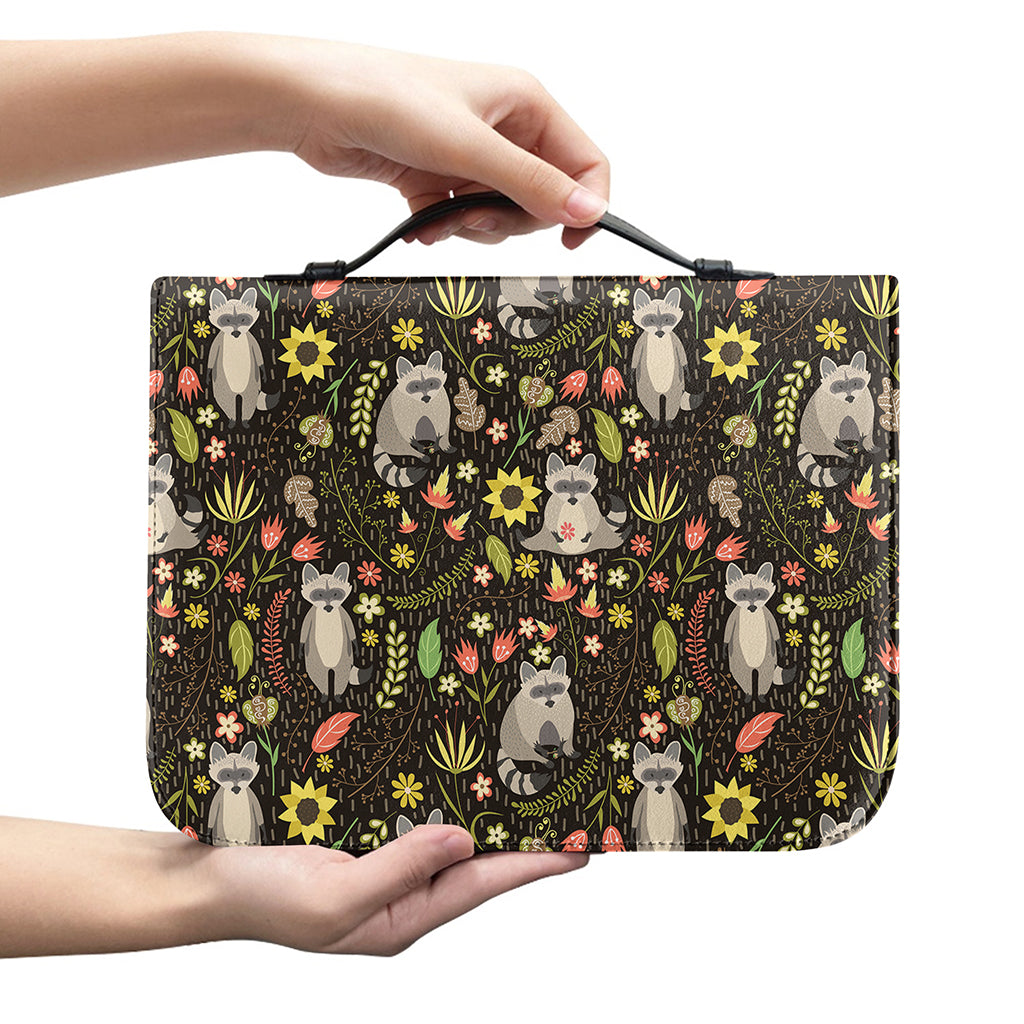 Raccoon And Floral Pattern Print Leather Bible Cover