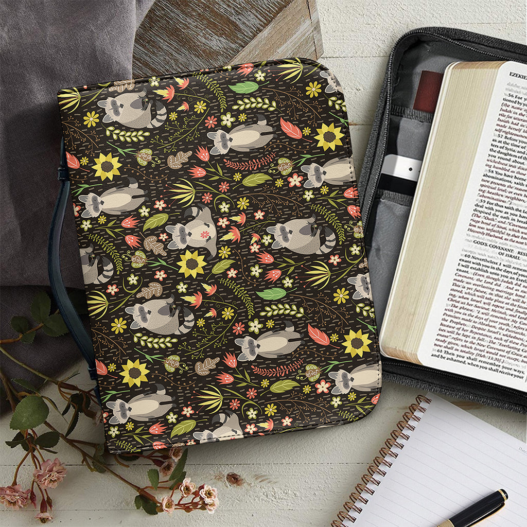 Raccoon And Floral Pattern Print Leather Bible Cover