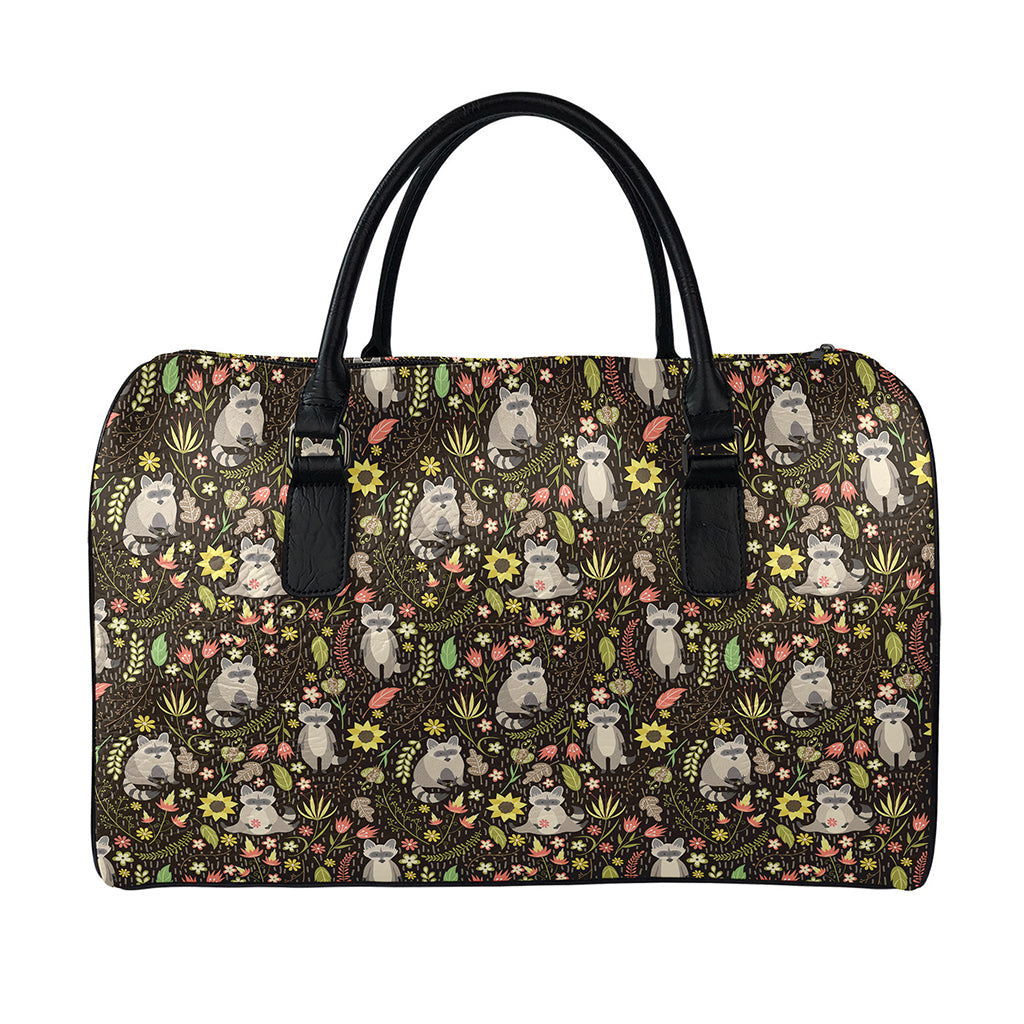 Raccoon And Floral Pattern Print Leather Duffle Bag