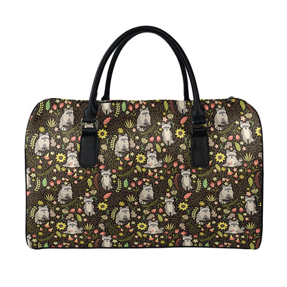 Raccoon And Floral Pattern Print Leather Duffle Bag