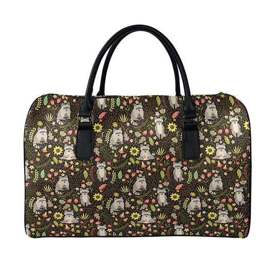 Raccoon And Floral Pattern Print Leather Duffle Bag
