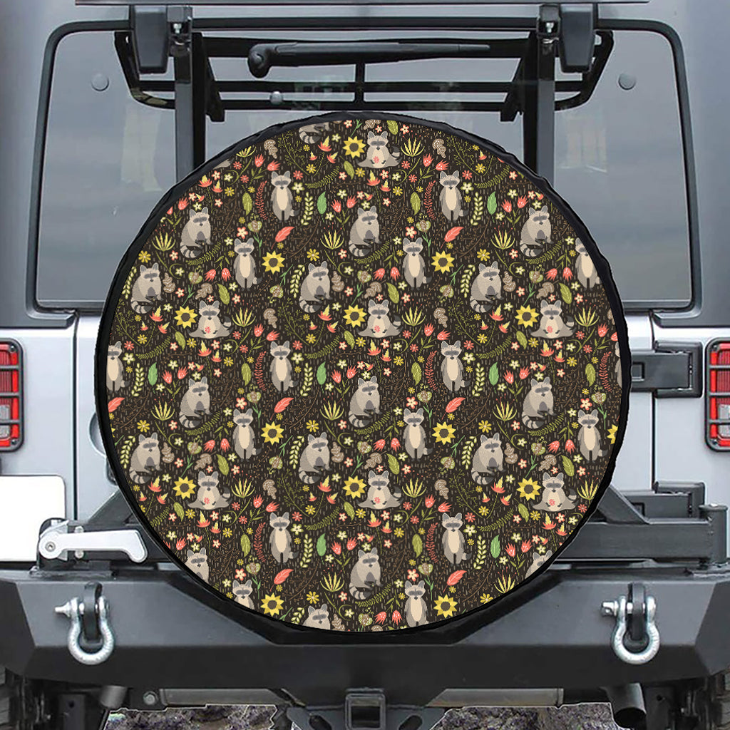Raccoon And Floral Pattern Print Leather Spare Tire Cover