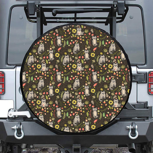 Raccoon And Floral Pattern Print Leather Spare Tire Cover