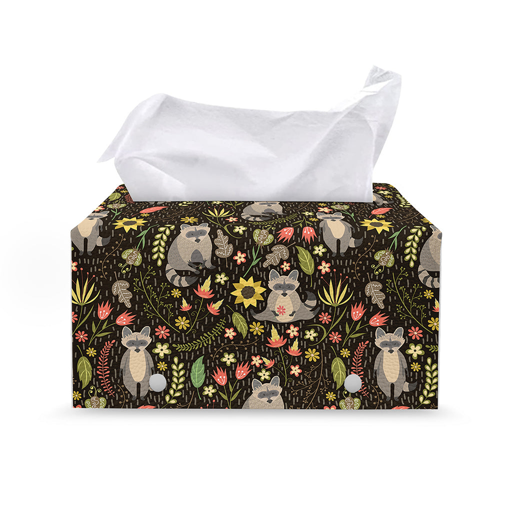 Raccoon And Floral Pattern Print Leather Tissue Box Cover