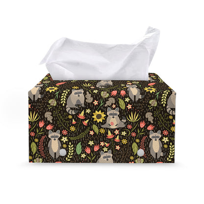 Raccoon And Floral Pattern Print Leather Tissue Box Cover