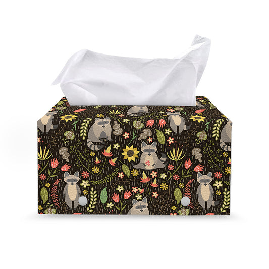 Raccoon And Floral Pattern Print Leather Tissue Box Cover