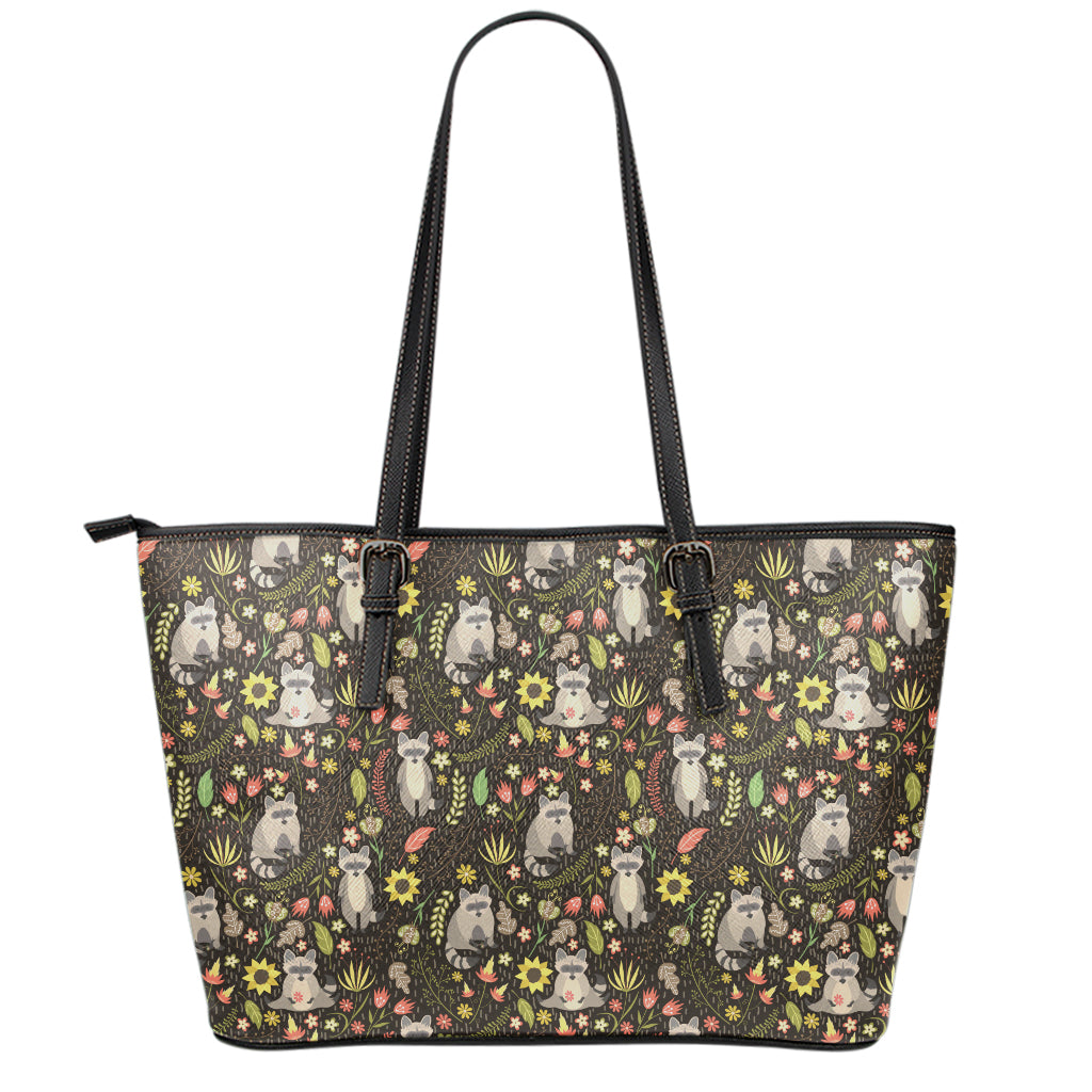 Raccoon And Floral Pattern Print Leather Tote Bag
