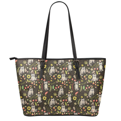Raccoon And Floral Pattern Print Leather Tote Bag
