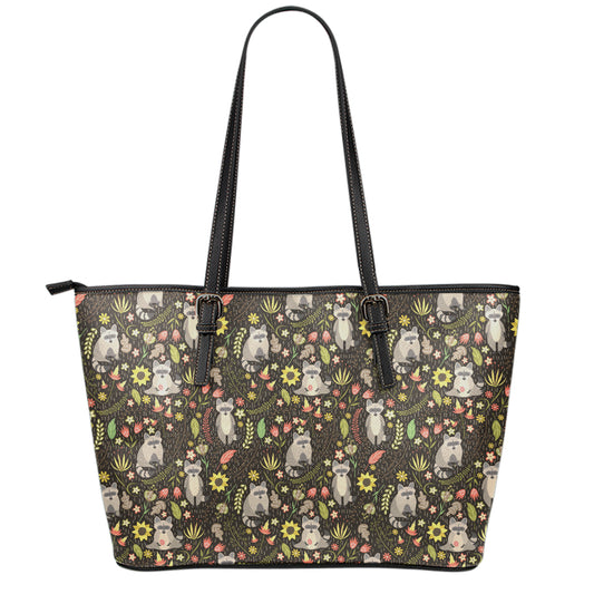 Raccoon And Floral Pattern Print Leather Tote Bag