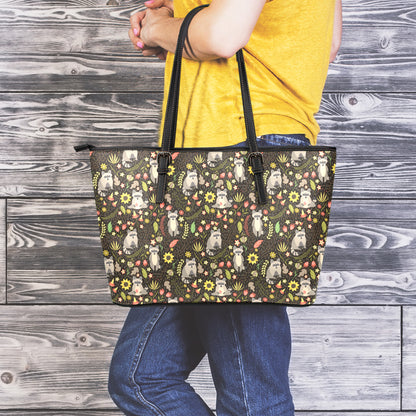 Raccoon And Floral Pattern Print Leather Tote Bag