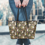 Raccoon And Floral Pattern Print Leather Tote Bag