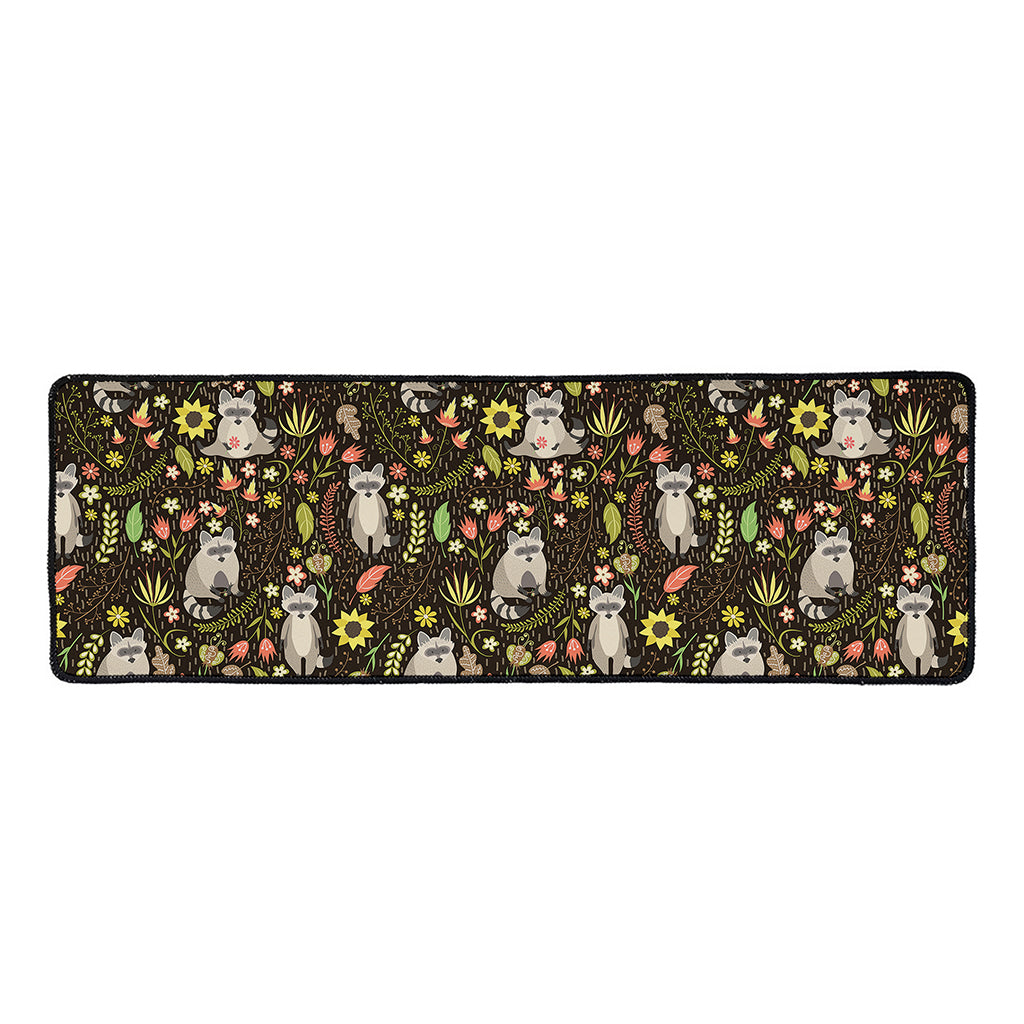 Raccoon And Floral Pattern Print Long Kitchen Mat