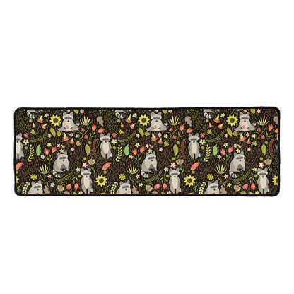 Raccoon And Floral Pattern Print Long Kitchen Mat