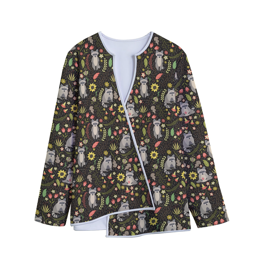 Raccoon And Floral Pattern Print Long Sleeve Short Coat