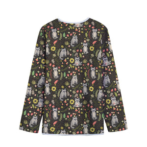 Raccoon And Floral Pattern Print Long Sleeve Short Coat