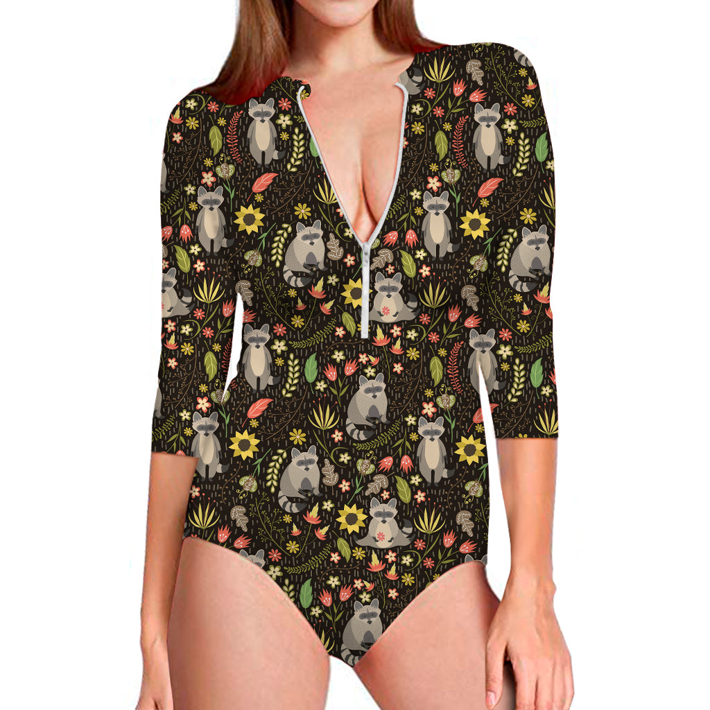 Raccoon And Floral Pattern Print Long Sleeve Swimsuit