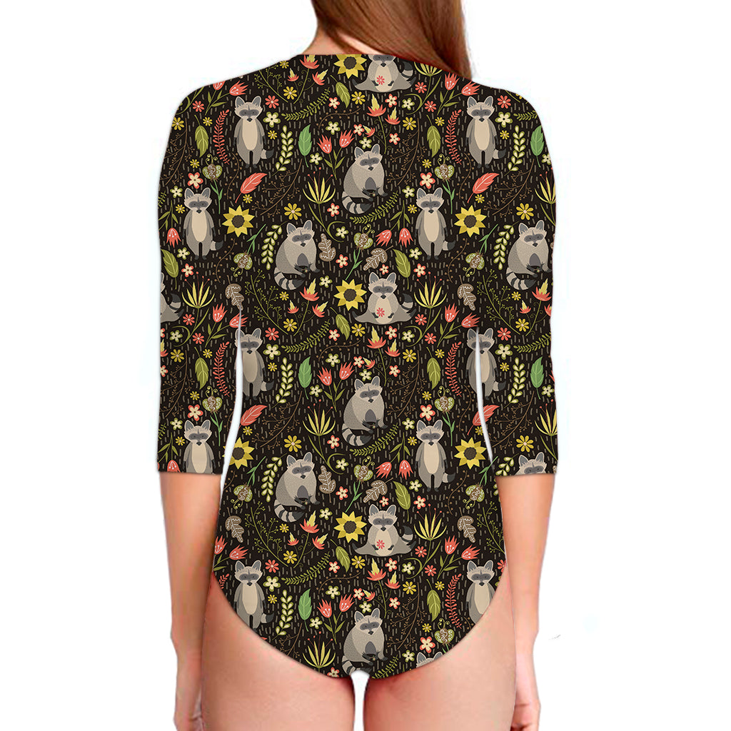 Raccoon And Floral Pattern Print Long Sleeve Swimsuit
