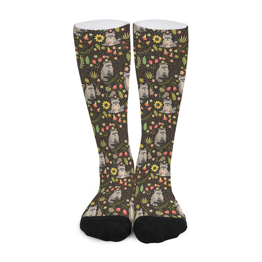 Raccoon And Floral Pattern Print Long Socks