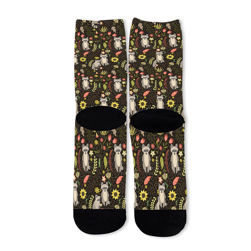 Raccoon And Floral Pattern Print Long Socks