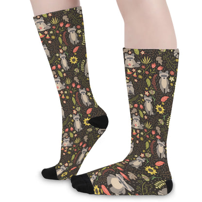 Raccoon And Floral Pattern Print Long Socks