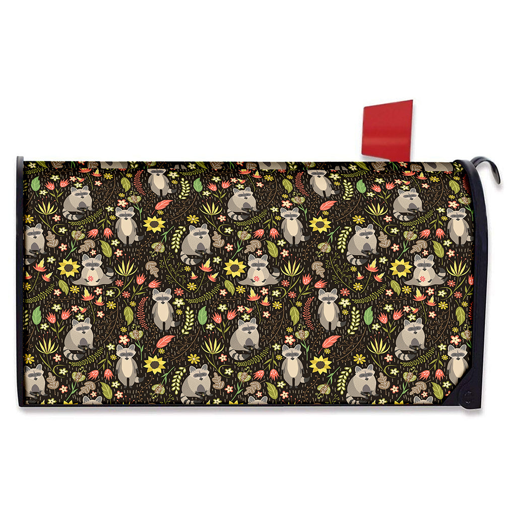 Raccoon And Floral Pattern Print Mailbox Cover