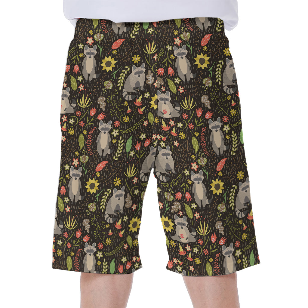 Raccoon And Floral Pattern Print Men's Beach Shorts