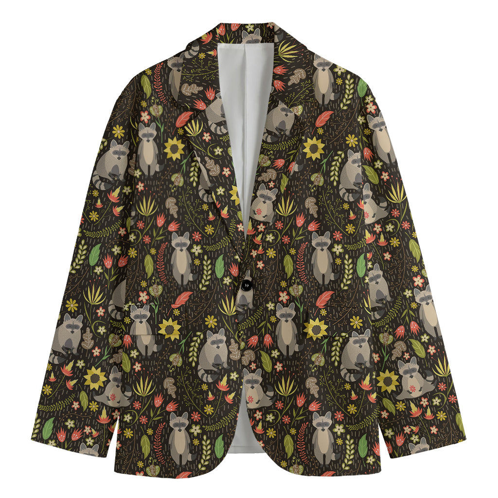 Raccoon And Floral Pattern Print Men's Blazer