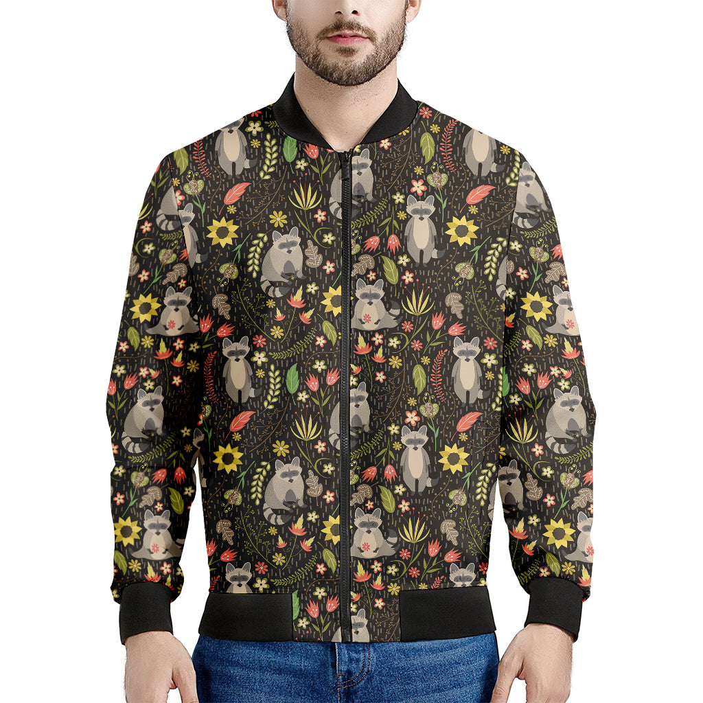 Raccoon And Floral Pattern Print Men's Bomber Jacket