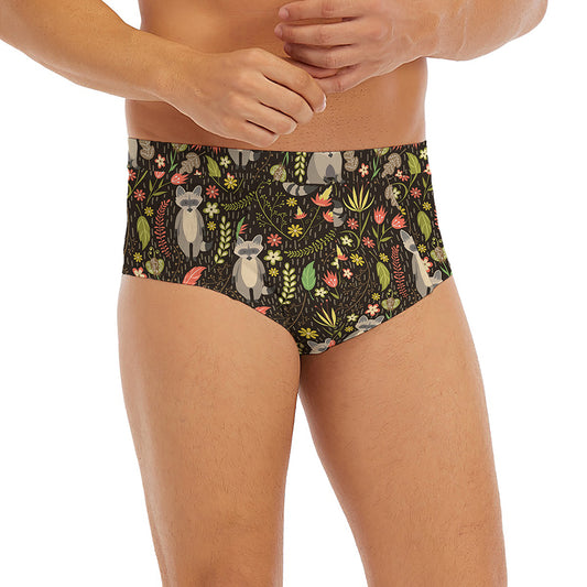 Raccoon And Floral Pattern Print Men's Briefs