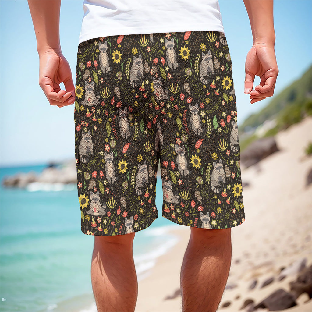 Raccoon And Floral Pattern Print Men's Cargo Shorts