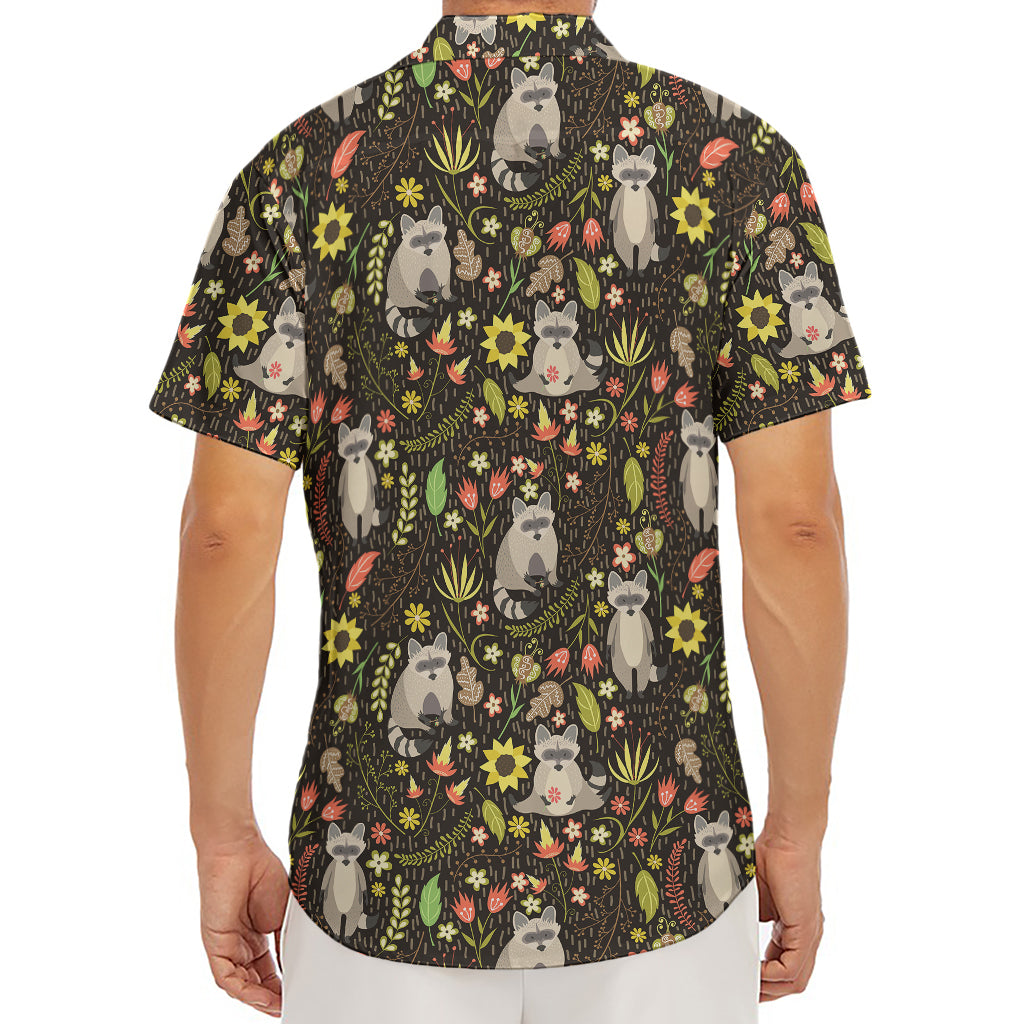 Raccoon And Floral Pattern Print Men's Deep V-Neck Shirt