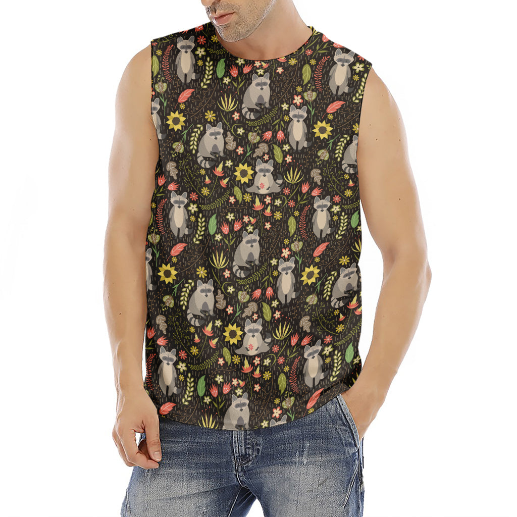 Raccoon And Floral Pattern Print Men's Fitness Tank Top
