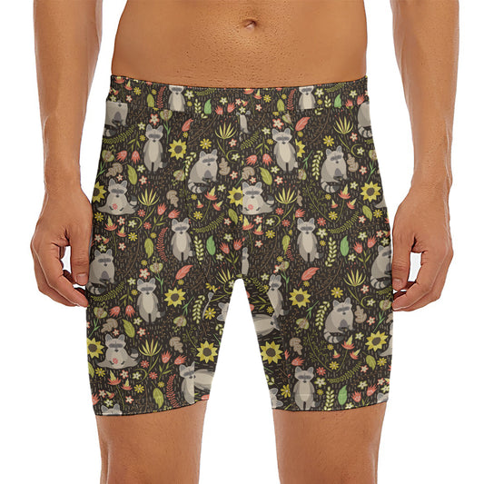 Raccoon And Floral Pattern Print Men's Long Boxer Briefs