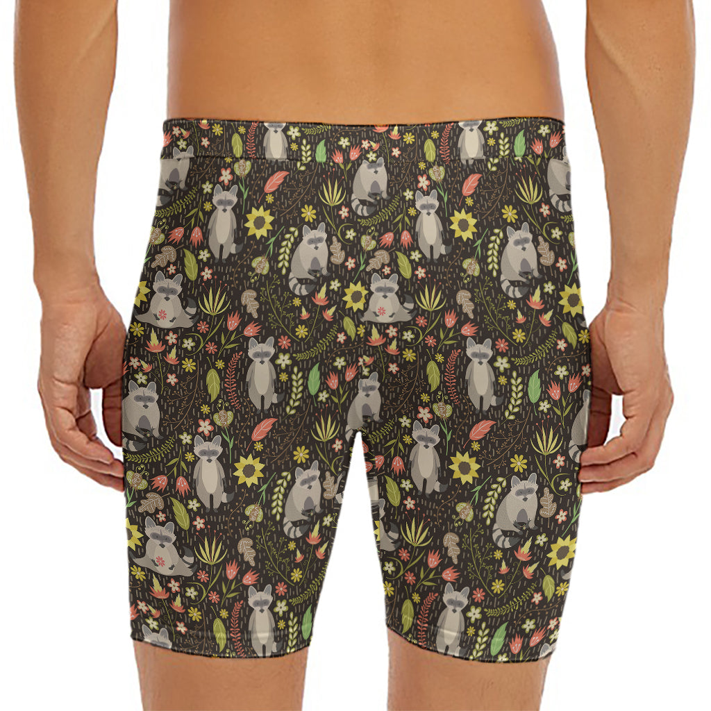 Raccoon And Floral Pattern Print Men's Long Boxer Briefs
