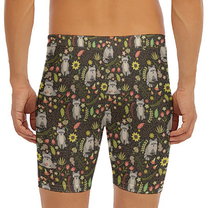 Raccoon And Floral Pattern Print Men's Long Boxer Briefs