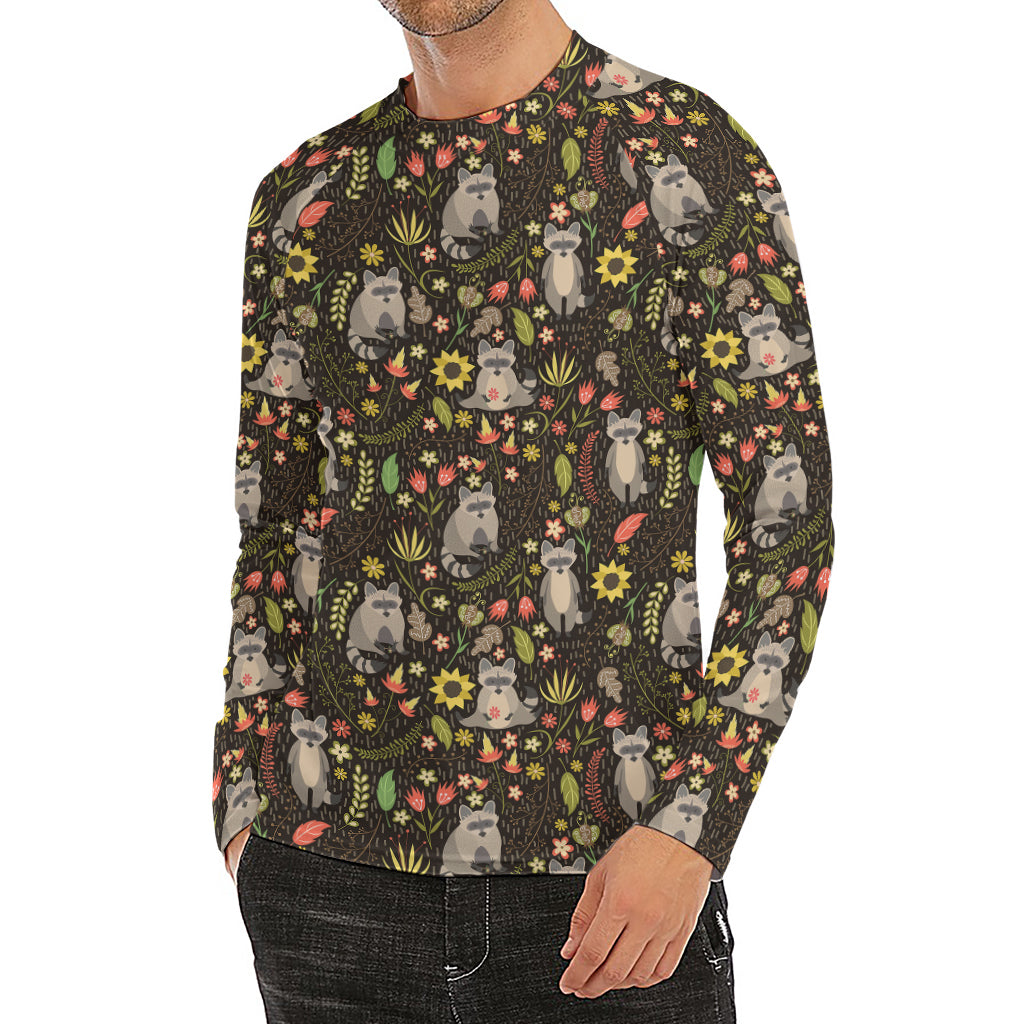 Raccoon And Floral Pattern Print Men's Long Sleeve Rash Guard