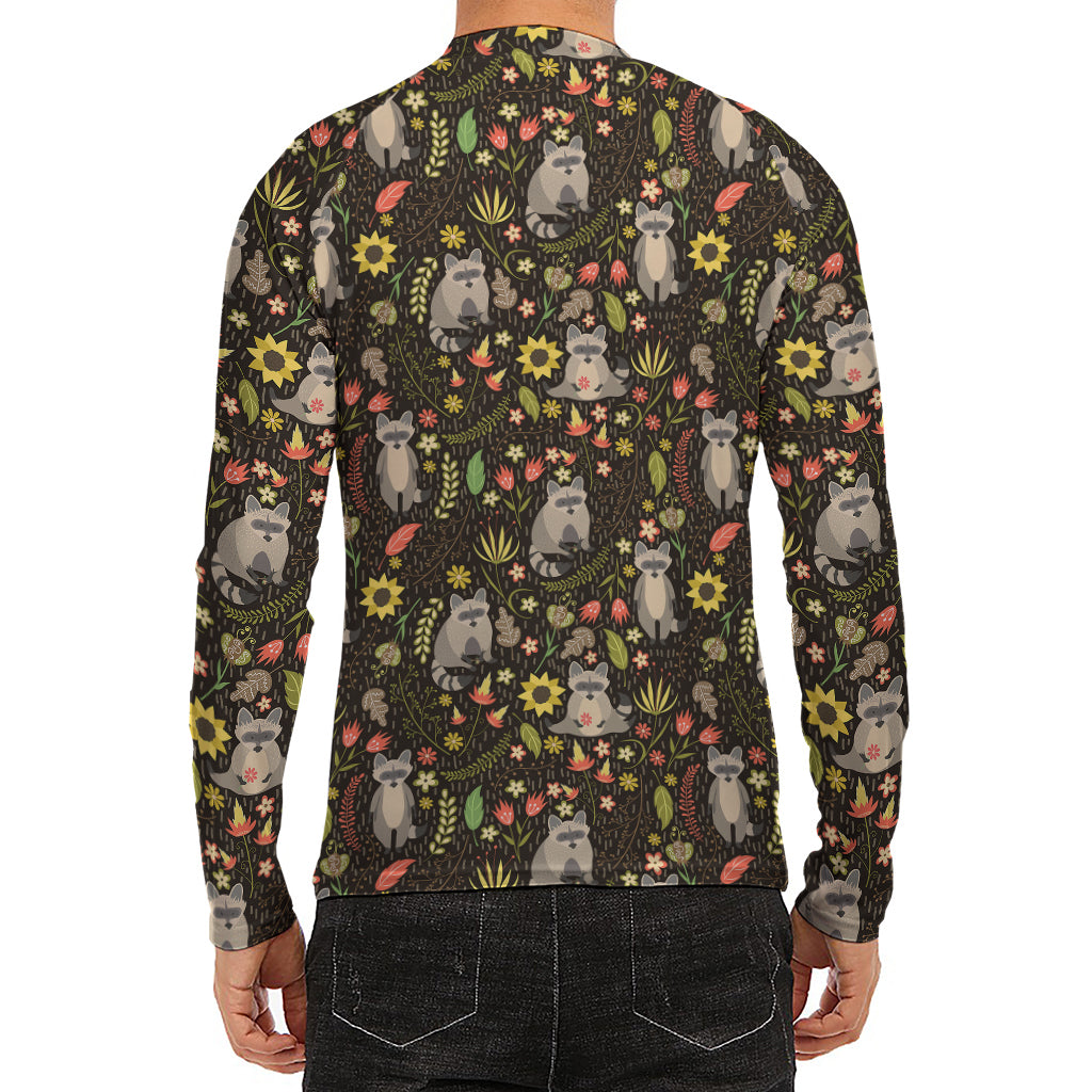 Raccoon And Floral Pattern Print Men's Long Sleeve Rash Guard