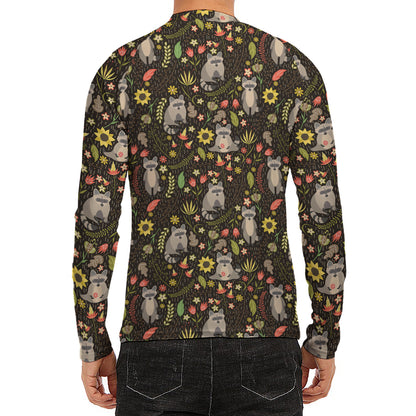 Raccoon And Floral Pattern Print Men's Long Sleeve Rash Guard