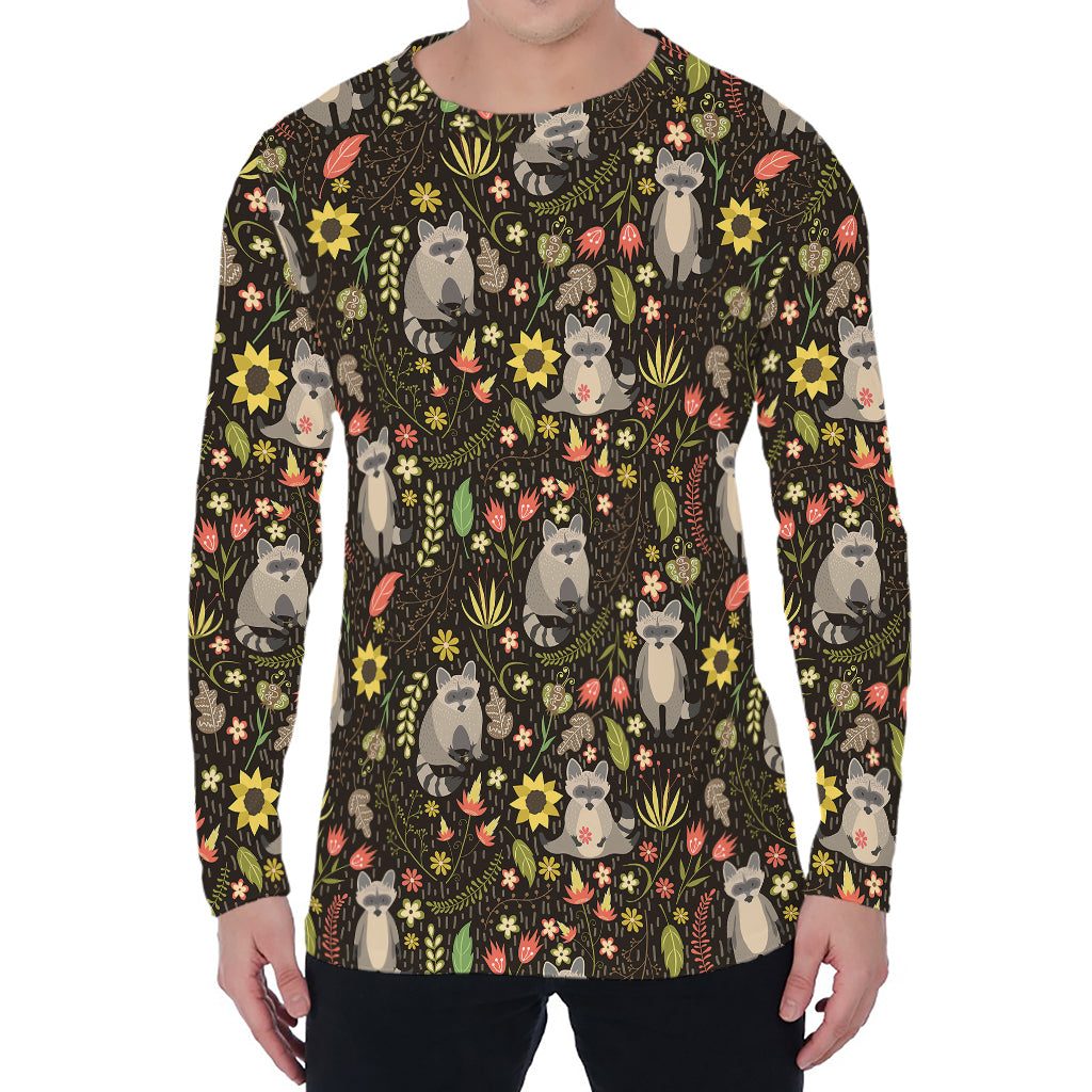 Raccoon And Floral Pattern Print Men's Long Sleeve T-Shirt