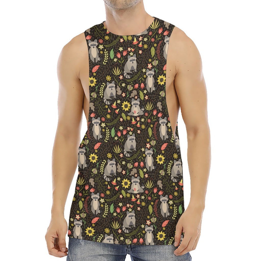 Raccoon And Floral Pattern Print Men's Muscle Tank Top