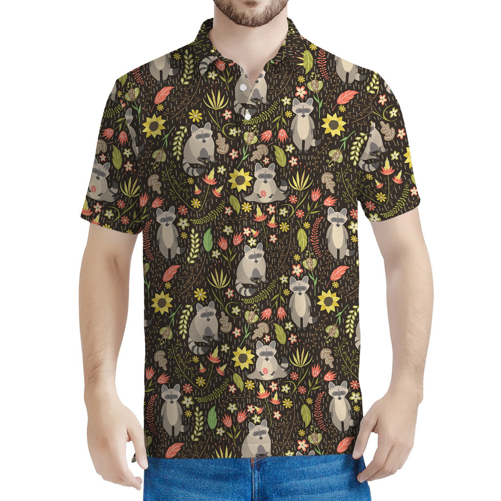 Raccoon And Floral Pattern Print Men's Polo Shirt
