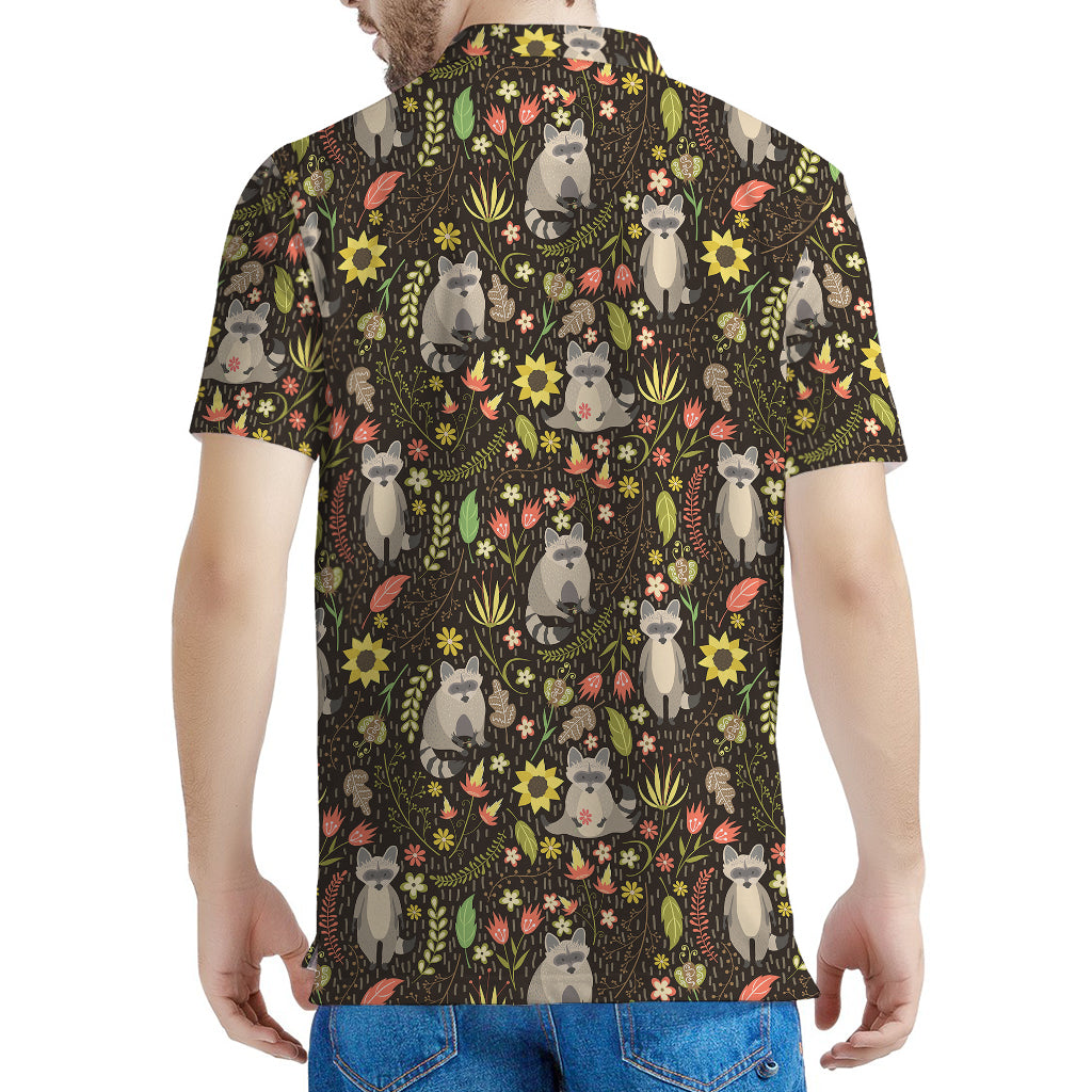 Raccoon And Floral Pattern Print Men's Polo Shirt