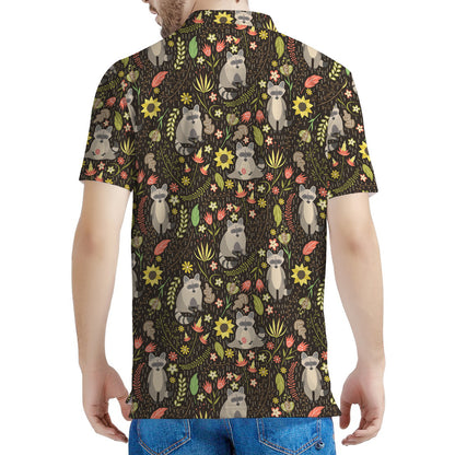 Raccoon And Floral Pattern Print Men's Polo Shirt