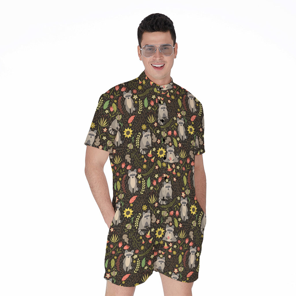 Raccoon And Floral Pattern Print Men's Rompers